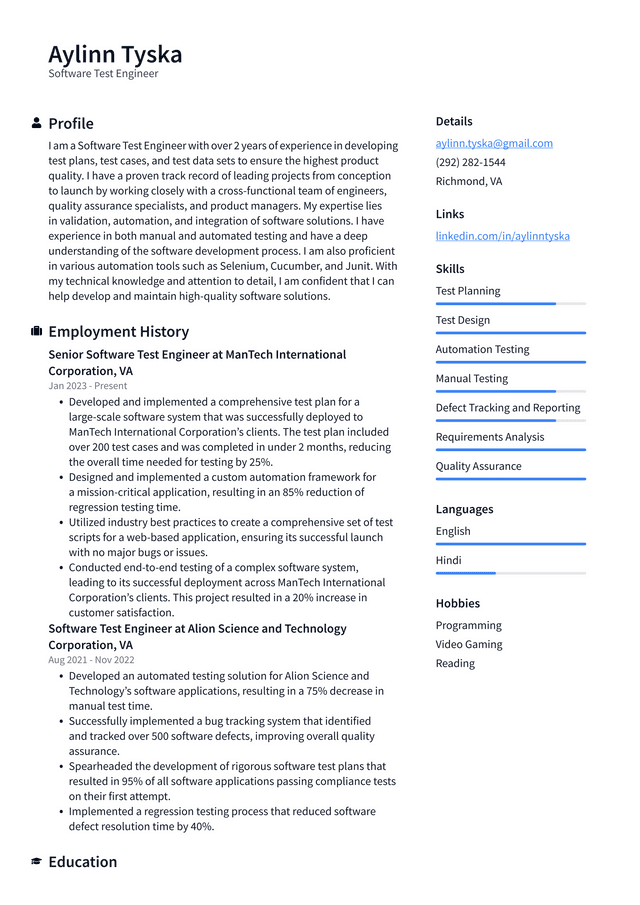 1 Test Engineer Resume Examples With Guidance 1 Test Engineer Resume Examples With Guidance
