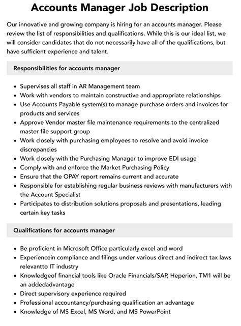 Accounts Manager Job Description Velvet Jobs Accounts Manager Job Description Velvet Jobs
