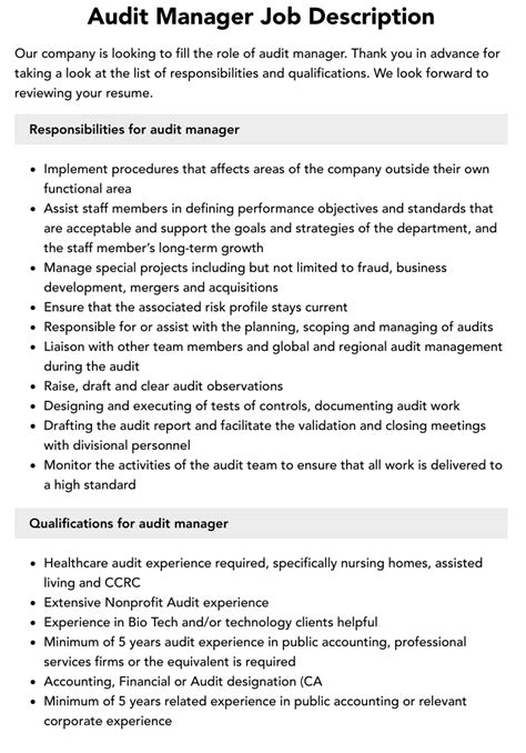 Audit Manager Job Description