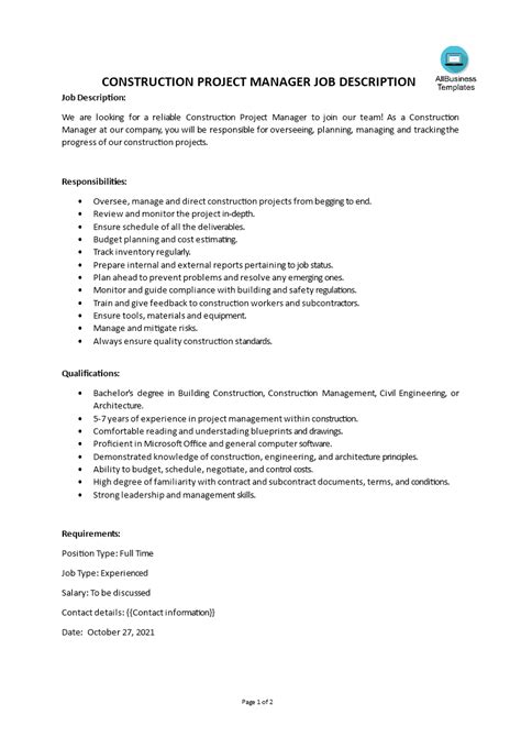 Construction Project Manager Job Description Template Construction Project Manager Job Description Template
