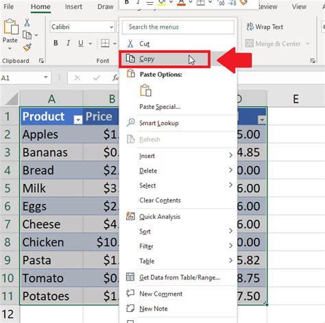 Copy And Paste Table In Excel