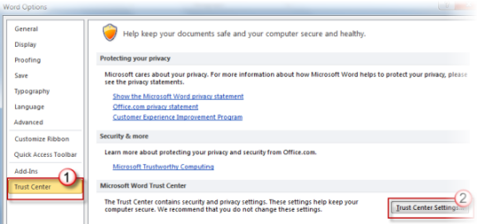 File Block Settings Trust Center