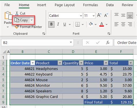Copy Table into Excel
