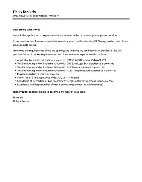 Remote Support Engineer Cover Letter Velvet Jobs