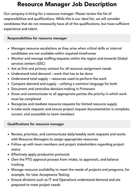 Resource Manager Job Description