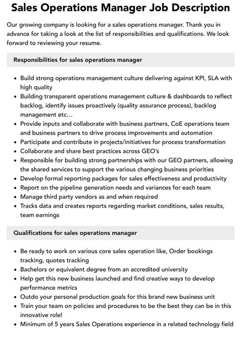 Sales Operations Manager Job Description Velvet Jobs