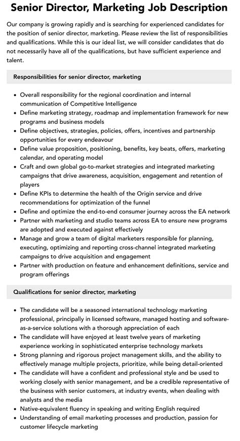 Senior Director Marketing Job Description Velvet Jobs