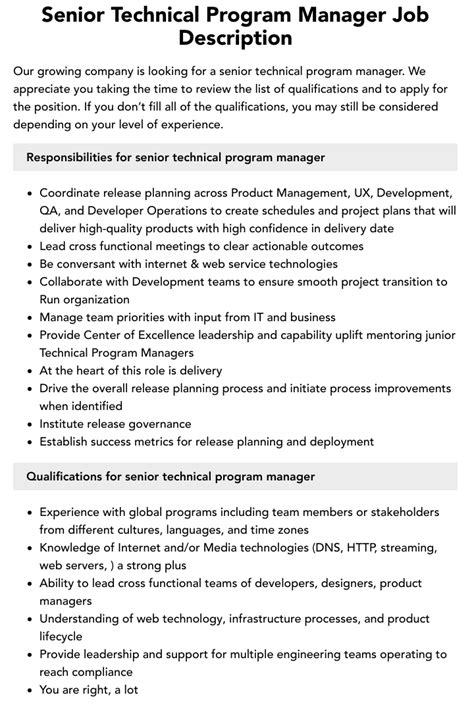 Senior Technical Program Manager Job Description Velvet Jobs Senior Technical Program Manager Job Description Velvet Jobs