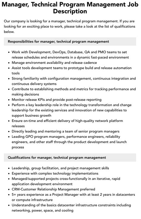 Technical Program Manager Job Description Technical Program Manager Job Description