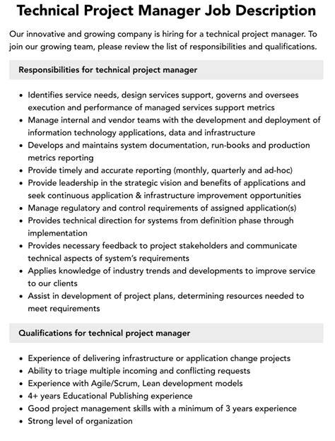 Technical Project Manager Job Description Velvet Jobs